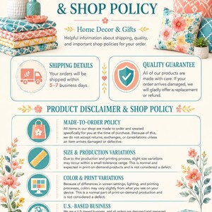 K&ouml;nnte beinhalten: Eine informative Grafik mit dem Titel ACCENTPOP, die Text zu Versanddetails, Shop-Richtlinien und Qualit&auml;tsgarantien enth&auml;lt. Das Layout umfasst florale Illustrationen, Stapel von gemusterten Kissen sowie Symbole f&uuml;r Versand, Qualit&auml;t und Produktion.