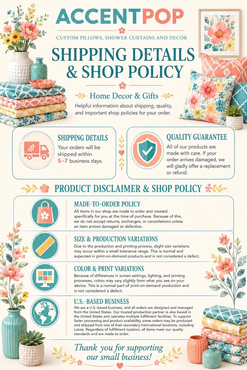 K&ouml;nnte beinhalten: Eine informative Grafik mit dem Titel ACCENTPOP, die Text zu Versanddetails, Shop-Richtlinien und Qualit&auml;tsgarantien enth&auml;lt. Das Layout umfasst florale Illustrationen, Stapel von gemusterten Kissen sowie Symbole f&uuml;r Versand, Qualit&auml;t und Produktion.