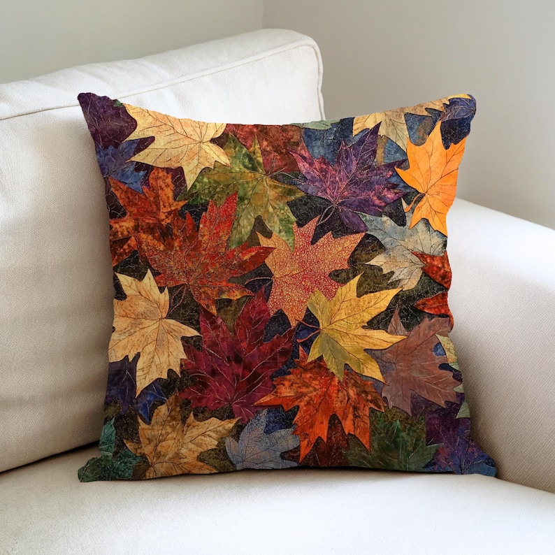 Funda de cojín con estampado de hojas de otoño, cojín con diseño de hoja de arce otoñal, decoración botánica batik, cojín rústico de bosque, detalle decorativo para el hogar en Acción de Gracias. imagen 2