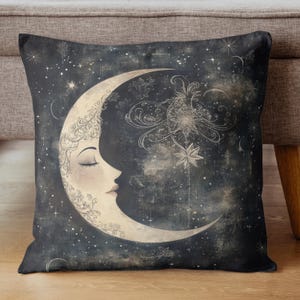 神秘的な月のアクセント枕、天体スローピロー、ボヘミアンコズミッククッション、月の星の装飾、スピリチュアルなホームピロー、神秘的なホームデコレーション