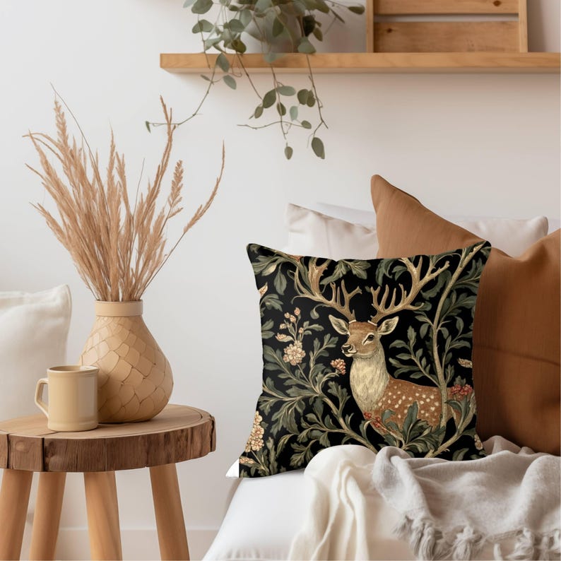 Rustic Deer Throw Pillow, William Morris Deer Pillow, Boho Woodland Pillow Cover, Boho Woodland Accent Pillow, Woodland Animal ThrowPillow image 5