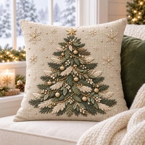 May include: A square beige throw pillow featuring an intricate embroidered Christmas tree design. The tree is decorated with gold beads, white berries, and green and cream foliage. Gold embroidered snowflakes and a star top the tree.