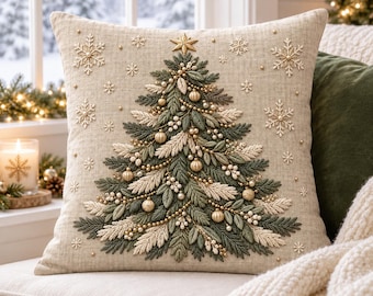 Neutral Christmas Tree Pillow, Sage Green Holiday Throw Cushion, Elegant Farmhouse Winter Decor for Sofa
