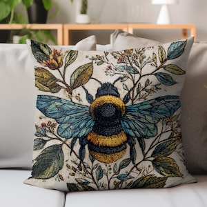 Kussen met bijenprint, vintage insectensierkussen, kussen Cottagecore hommel, botanisch natuurdecor, boho bloemenkussen