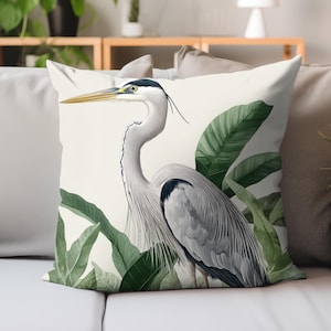 Cojín decorativo de garza real, decoración botánica para el hogar, cojín de naturaleza tropical, funda de poliéster, regalo ideal para amantes de las aves.