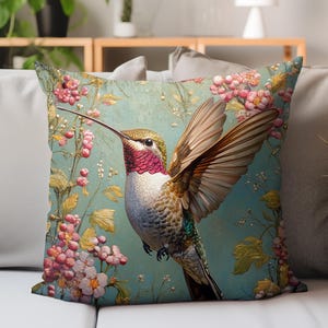 William Morris Inspired Hummingbird Throw Pillow, Botanical Accent Cushion, Elegant Bird And Floral Home Accent, Victorian Bird Decor