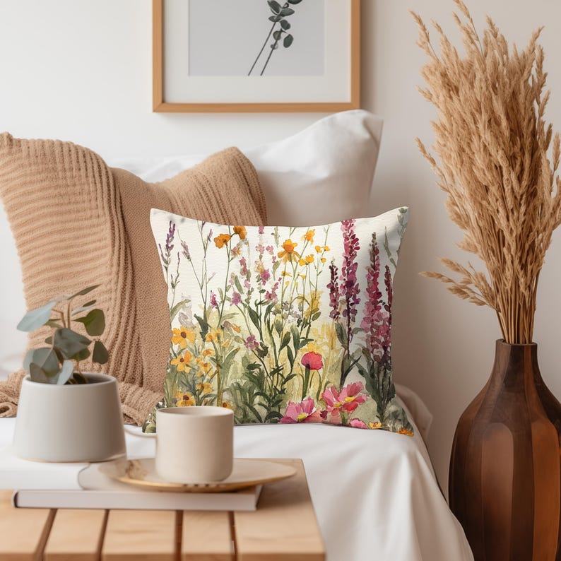 Vintage Wildflower Throw Pillow, Decorative Pillow Case, Boho Polyester Pillow, Floral Cushion Cover, Unique Gift, Accent Pillow image 5