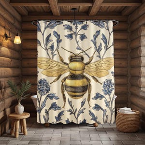 Bee Floral Shower Curtain, Vintage Honeybee Illustration, Garden Insect Decor, Botanical Bathroom Panel, Rustic Log Cabin Bath Art 71x74