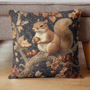 Woodland Squirrel Throw Pillow, Vintage Pillow Cover, Polyester Pillow, William Morris Inspired Pillow, Accent Pillow image 3