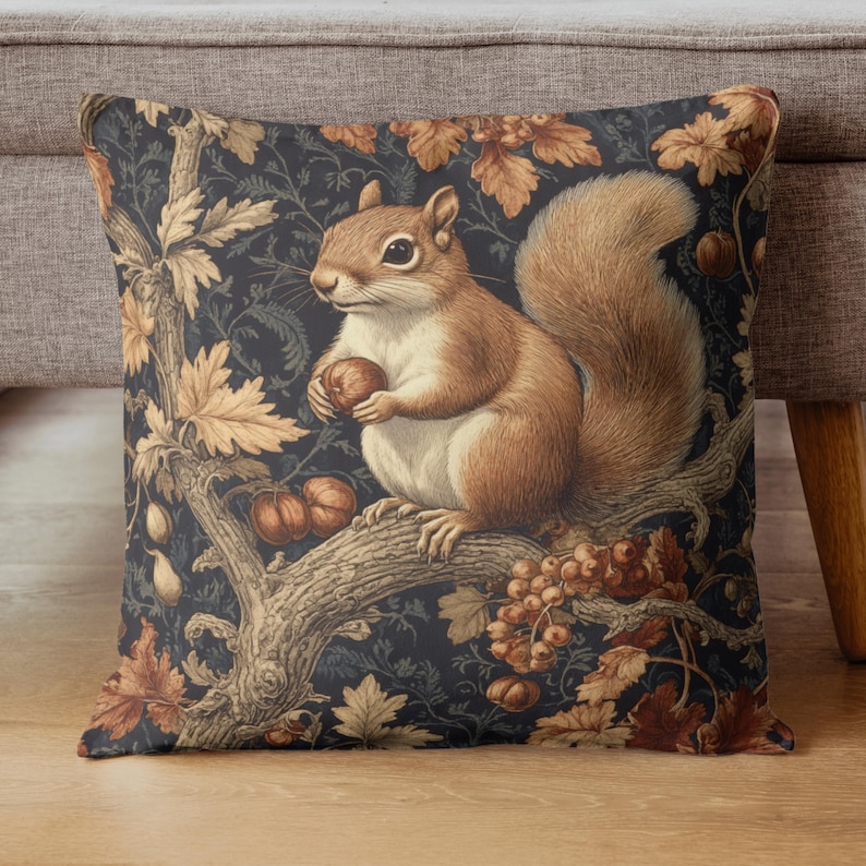 Woodland Squirrel Throw Pillow, Vintage Pillow Cover, Polyester Pillow, William Morris Inspired Pillow, Accent Pillow image 3