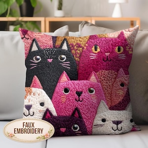 Cojín de gato caprichoso, cojín con estampado de gato bordado en imitación, cojín decorativo de gatito colorido, decoración felina divertida, regalo adorable para amantes de los gatos imagen 1