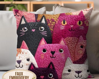 Whimsical Cat Pillow, Faux Embroidery Cat Print Cushion, Colorful Kitty Throw Pillow, Playful Feline Decor, Cute Cat Lover Gift