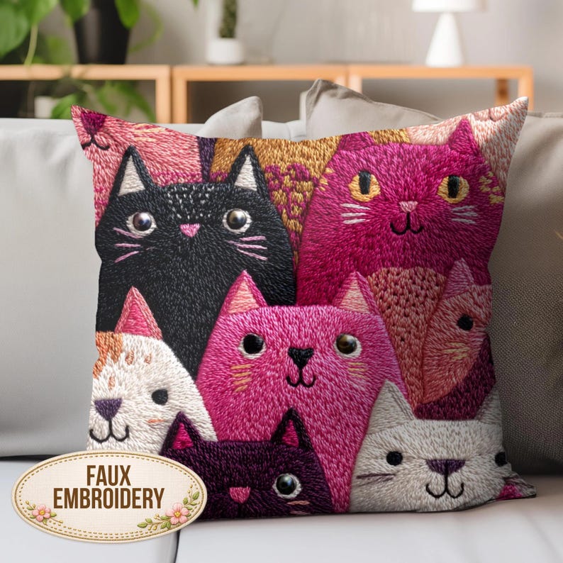 Cojín de gato caprichoso, cojín con estampado de gato bordado en imitación, cojín decorativo de gatito colorido, decoración felina divertida, regalo adorable para amantes de los gatos imagen 1