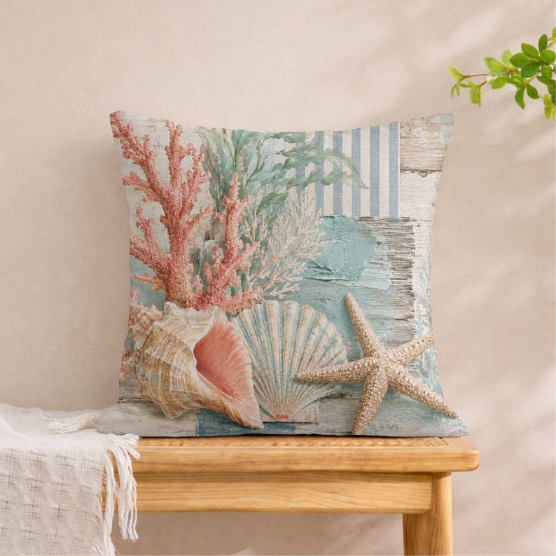 Coral Seashell Pillow Cover, Coastal Shell Pillow, Starfish Throw ...