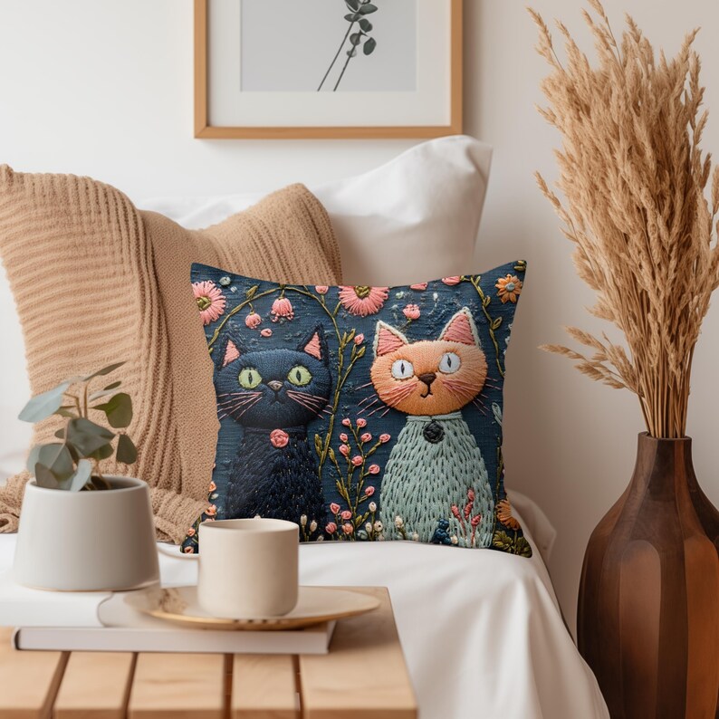 Whimsical Cat Pillow, Faux Embroidery Cat Print Cushion, Floral Kitty Garden Decor, Playful Feline Throw Pillow, Cute Cat Lover Gift image 4