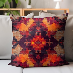 Rustic Kilim Throw Pillow, Burnt Orange & Burgundy Tribal Cushion, Vintage Southwestern Boho Decor, Warm Earth Tone Home Accent