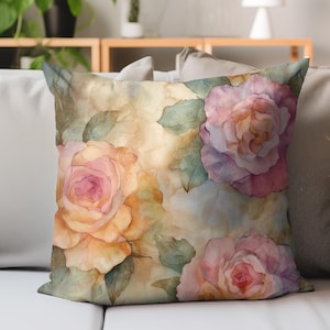 Soft Pastel Rose Pillow, Floral Throw Pillow, Classic Watercolor Flower Cushion, Romantic Cottage Decor, Shabby Chic Accent