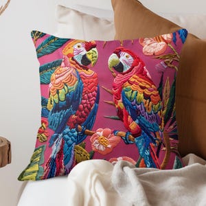 Tropical Birds Accent Pillow, Decorative Pillow Cover, Maximalist Throw Pillow, Nature-Inspired Pillow, Square Cushion Cover, New Home Gift