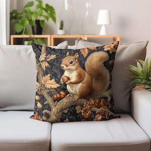 Woodland Squirrel Throw Pillow, Vintage Pillow Cover, Polyester Pillow, William Morris Inspired Pillow, Accent Pillow image 2