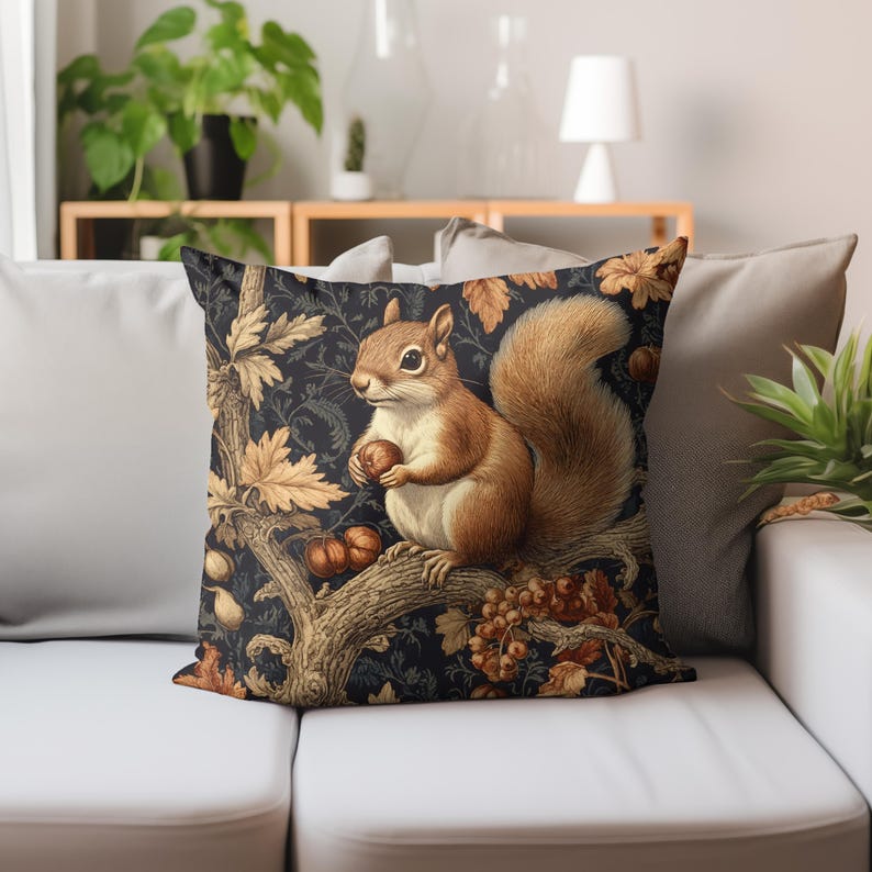 Woodland Squirrel Throw Pillow, Vintage Pillow Cover, Polyester Pillow, William Morris Inspired Pillow, Accent Pillow image 2