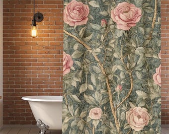 Vintage Rose Shower Curtain, Romantic Pink Botanical Bathroom Decor, Climbing Floral Print, Cottagecore Garden Style Panel
