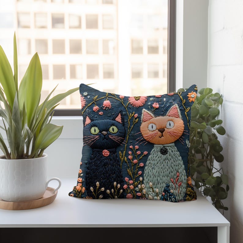 Whimsical Cat Pillow, Faux Embroidery Cat Print Cushion, Floral Kitty Garden Decor, Playful Feline Throw Pillow, Cute Cat Lover Gift image 5