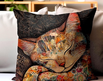 Sleeping Cat Pillow, Retro Batik Cat Throw Pillow, Cozy Feline Decor, Colorful Animal Cushion, Artistic Pet Lover Gift