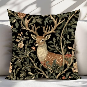 Rustic Deer Throw Pillow, William Morris Deer Pillow, Boho Woodland Pillow Cover, Boho Woodland Accent Pillow, Woodland Animal ThrowPillow image 1