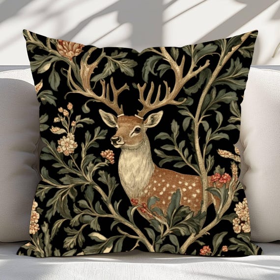 Rustic Deer Throw Pillow, William Morris Deer Pillow, Boho Woodland Pillow Cover, Boho Woodland Accent Pillow, Woodland Animal ThrowPillow