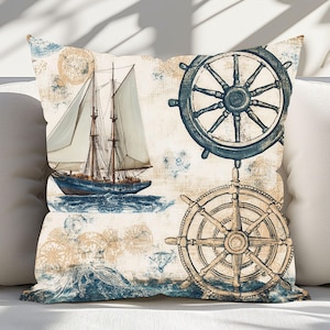 Nautical Pattern Throw Pillow, Coastal Ocean Theme Home Decor, Beach House Decorative Pillow Cover, Aesthetic Boho Sea-Inspired Cushion