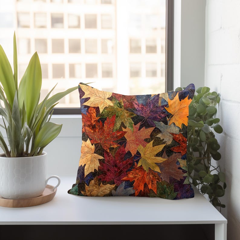 Funda de cojín con estampado de hojas de otoño, cojín con diseño de hoja de arce otoñal, decoración botánica batik, cojín rústico de bosque, detalle decorativo para el hogar en Acción de Gracias. imagen 7