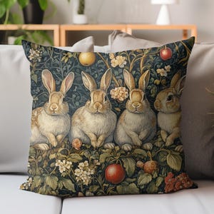 William Morris Inspired Bunnies Pillow, Floral Rabbit Cushion, Cozy Cottagecore Home Accent, Nature Inspired Throw, Woodland Gift Idea