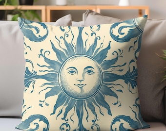 Vintage Sun Face Throw Pillow, Celestial Blue Cream Cushion, Mystic Boho Home Decor, Sun Art Pillowcase, Pillow Cover Cosmic Print