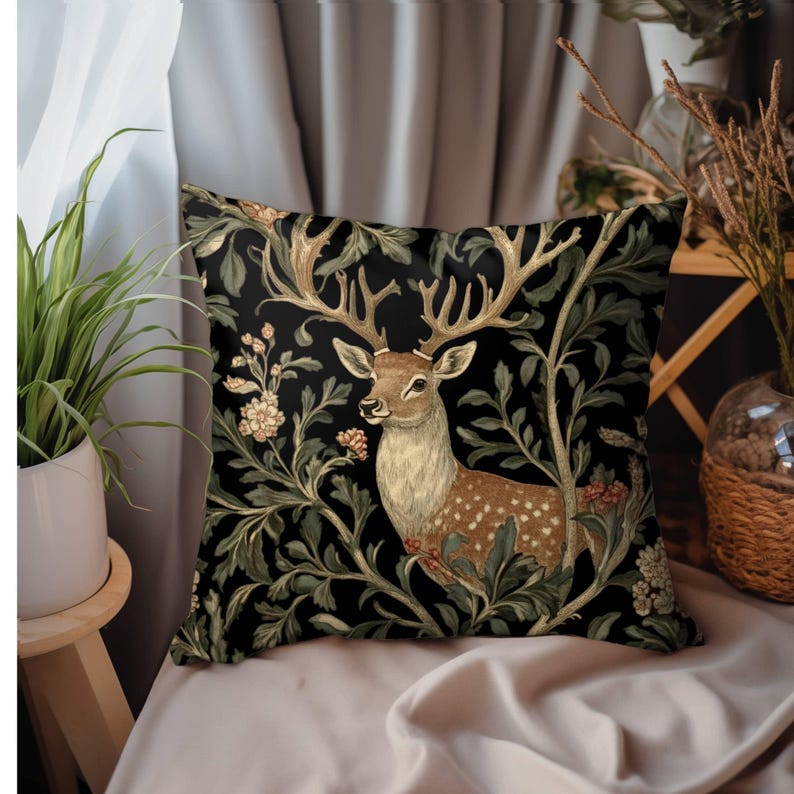 Rustic Deer Throw Pillow, William Morris Deer Pillow, Boho Woodland Pillow Cover, Boho Woodland Accent Pillow, Woodland Animal ThrowPillow image 6