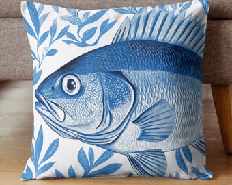 青い魚のクッション、装飾用クッションカバー、海岸風アクセントクッション、ビーチハウスソファクッション、航海モチーフのクッションカバー、ユニークなギフト