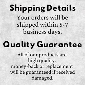 text that provides shipping details and a quality guarantee for the products.