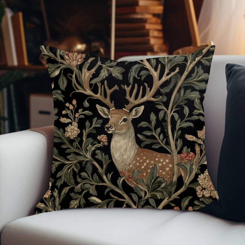 Rustic Deer Throw Pillow, William Morris Deer Pillow, Boho Woodland Pillow Cover, Boho Woodland Accent Pillow, Woodland Animal ThrowPillow image 2