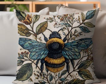 Bee Print Pillow, Vintage Insect Throw Pillow, Cottagecore Bumblebee Cushion, Botanical Nature Decor, Boho Floral Pillow
