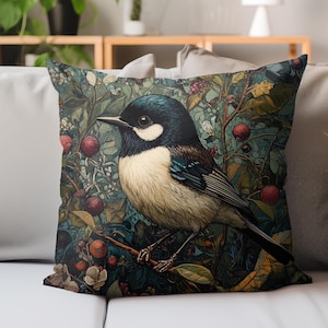 William Morris Inspired Bird Throw Pillow, Vintage Botanical Accent Cushion, Nature Inspired Home Decor, Victorian Style Living Room Pillow
