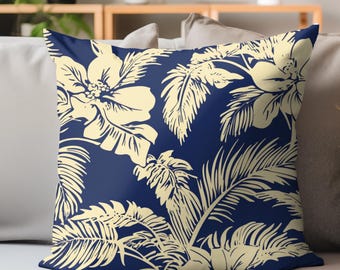 Navy Tropical Pillow, Cream Floral Leaf Cushion, Coastal Botanical Throw, Island Jungle Decor, Best Gift for Beach House Lovers