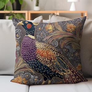 Batik Pheasant Pillow, Ornate Bird Cushion, Gold and Jewel Tone Throw Pillow, Vintage Folk Art Decor, Elegant Nature Accent
