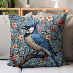 William Morris Inspired Songbird Pillow, Elegant Floral Cushion, Nature Inspired Home Decor, Cottagecore Aesthetic, Woodland Home Accent