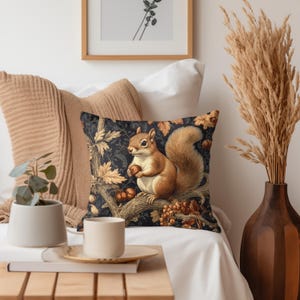 Woodland Squirrel Throw Pillow, Vintage Pillow Cover, Polyester Pillow, William Morris Inspired Pillow, Accent Pillow image 5