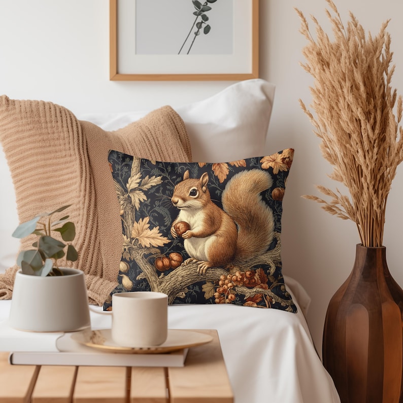 Woodland Squirrel Throw Pillow, Vintage Pillow Cover, Polyester Pillow, William Morris Inspired Pillow, Accent Pillow image 5