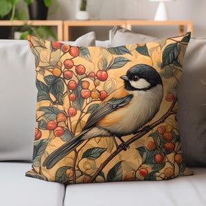 William Morris Inspired Chickadee Pillow, Elegant Floral Cushion, Nature Inspired Home Decor, Cottagecore Aesthetic, Woodland Garden Accent