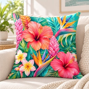 Botanical Pillow Cover, Bright Tropical Floral Pillow, Hibiscus Bird Of Paradise Throw Pillow, Colorful Jungle Accent Pillow image 1