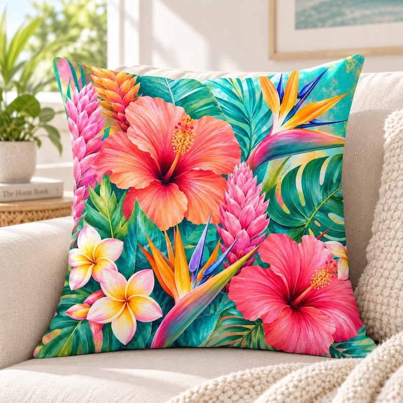 Botanical Pillow Cover, Bright Tropical Floral Pillow, Hibiscus Bird Of Paradise Throw Pillow, Colorful Jungle Accent Pillow image 1