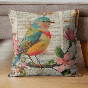 Vintage Bird Throw Pillow, Decorative Pillow Cover, Boho Collage Sofa Pillow, Cushion Cover,  Couch Accent Pillow