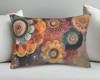 Boho Mandala Lumbar Pillow, Colorful Floral Pattern Throw Pillow, Ethnic Bohemian Cushion, Rustic Boho Decor, Sofa Pillow Gift