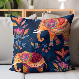 Boho Elephant Throw Pillow, Colorful Indian Elephant Cushion, Vibrant Floral Jungle Decor, Whimsical Bohemian Animal Home Accent